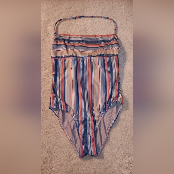 Splendid~Pink & Blue Striped Strapless Criss Cross Tie Back One Piece Swimsuit - Picture 4 of 16